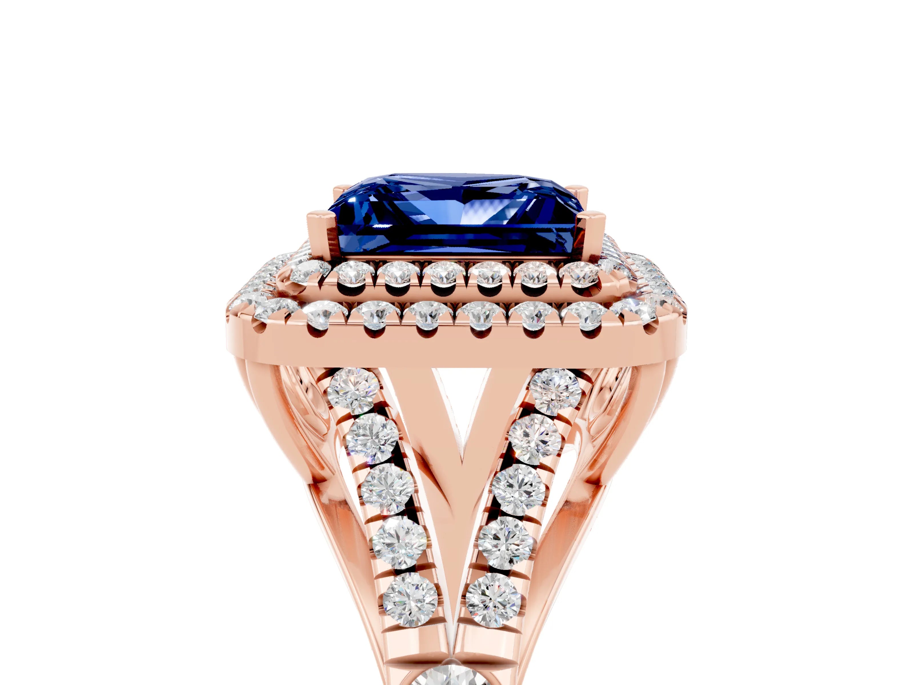 Rose gold Princess Cut Blue Sapphire Pavé Split Shank Double Halo Engagement Ring_5