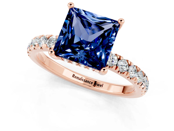 Rose gold Princess Cut Blue Sapphire Pave Band Solitaire Ring with Round  and Prong Setting