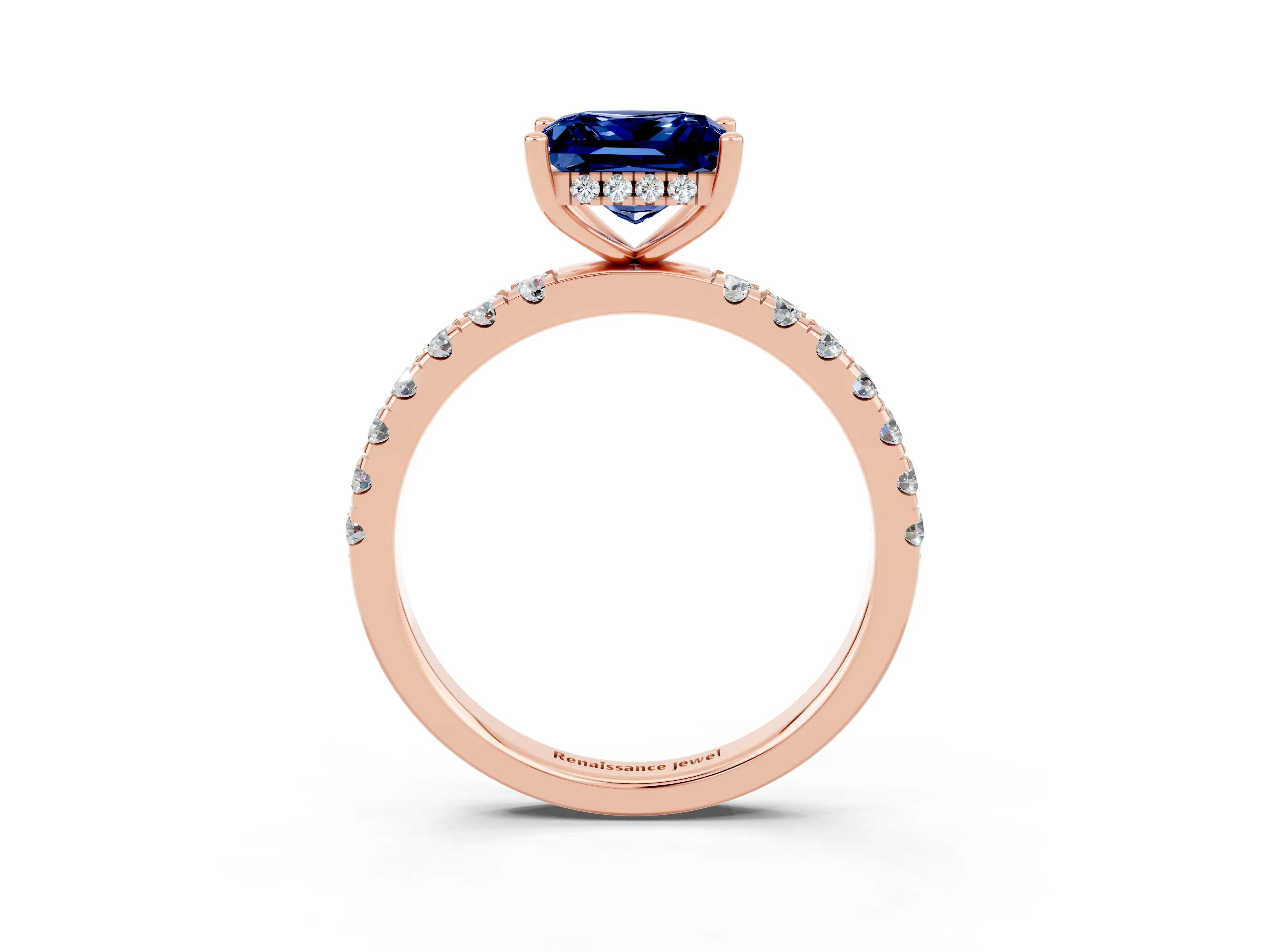 Rose gold Princess Cut Blue Sapphire Pave Band Solitaire Ring with Four-Prong Setting_27