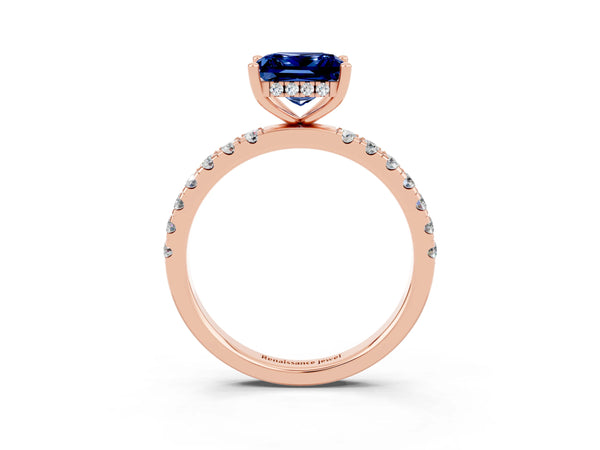 Rose gold Princess Cut Blue Sapphire Pave Band Solitaire Ring with Round  and Prong Setting
