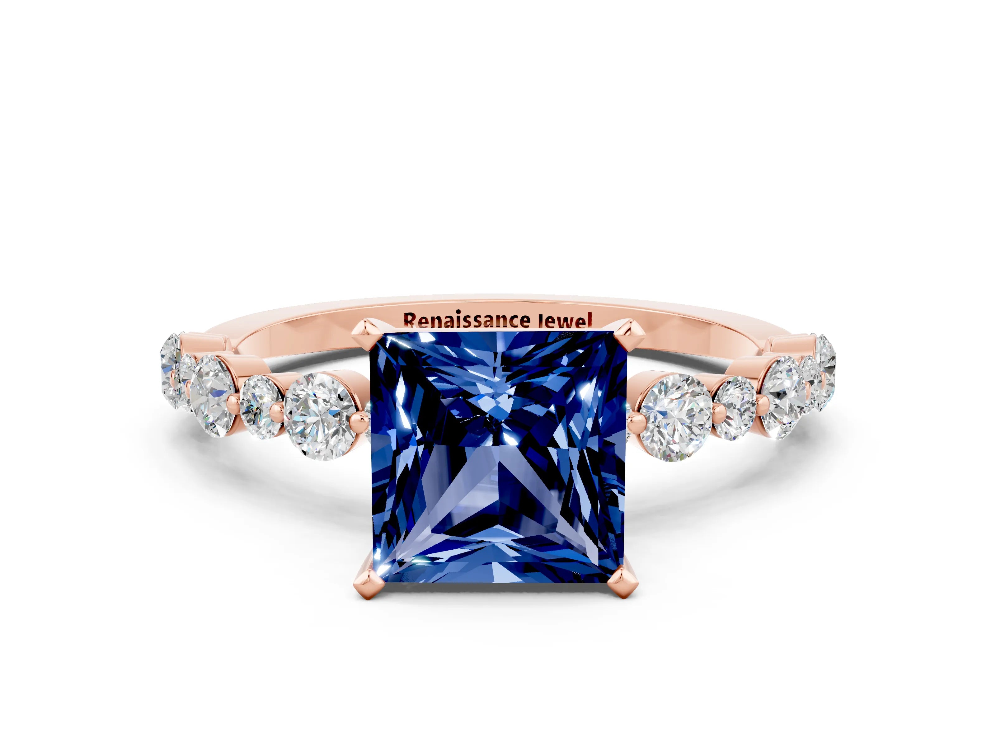 Rose gold Princess Cut Blue Sapphire Prong Set Engagement Ring with Pavé Band