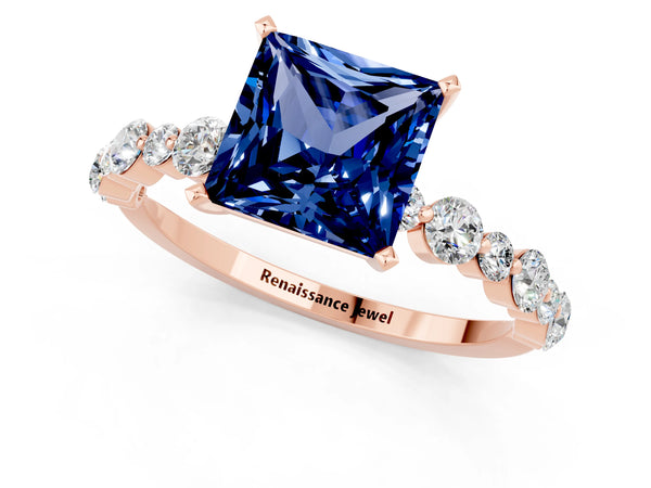 Rose gold Princess Cut Blue Sapphire Prong Set Engagement Ring with Pavé Band