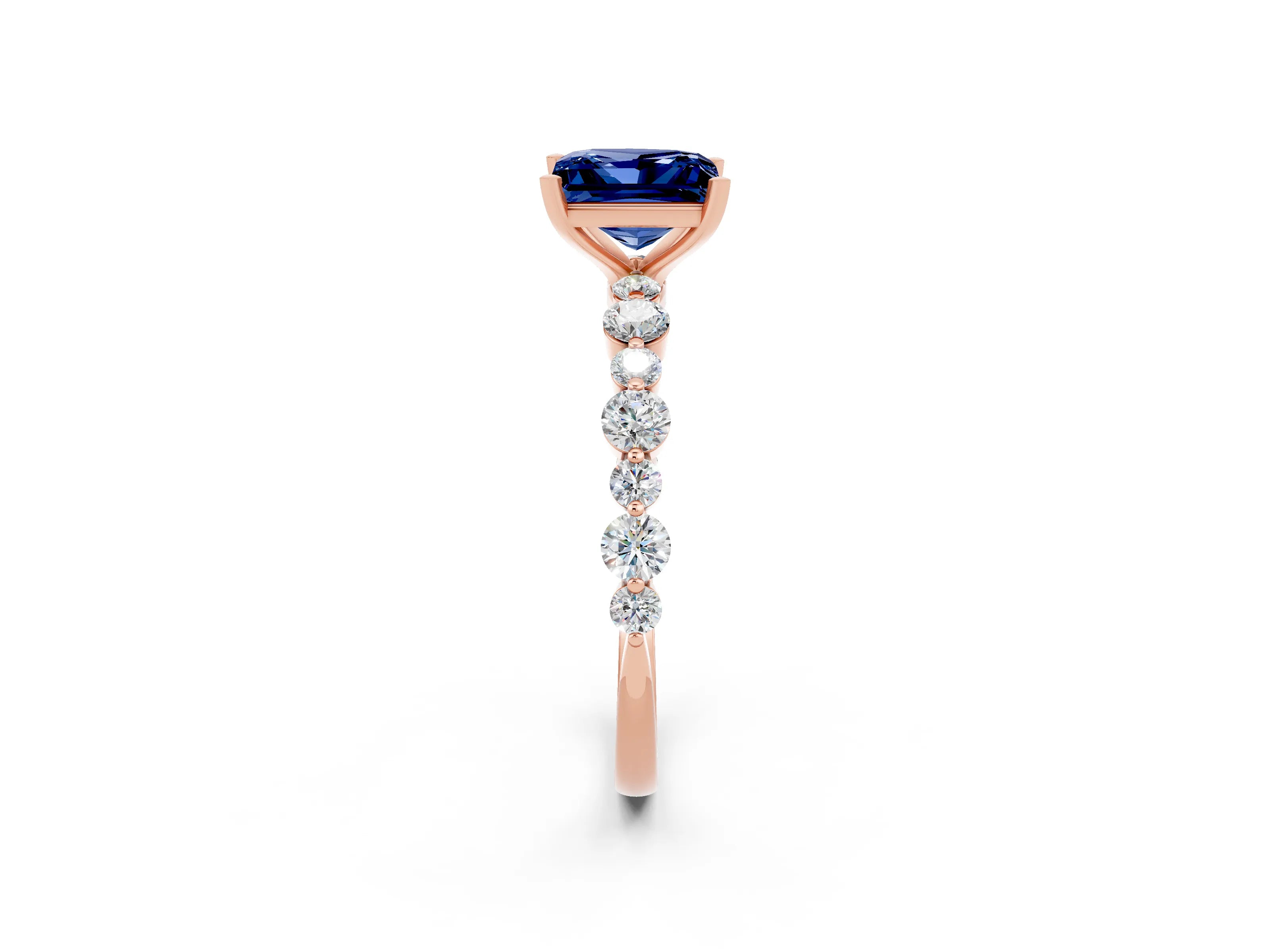 Rose gold Princess Cut Blue Sapphire Prong Set Engagement Ring with Pavé Band_2