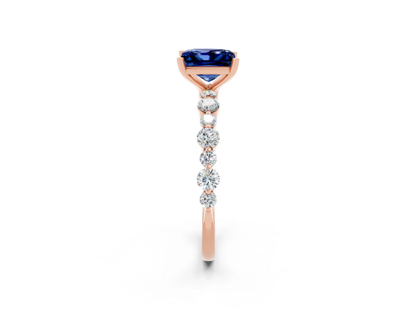 Rose gold Princess Cut Blue Sapphire Prong Set Engagement Ring with Pavé Band