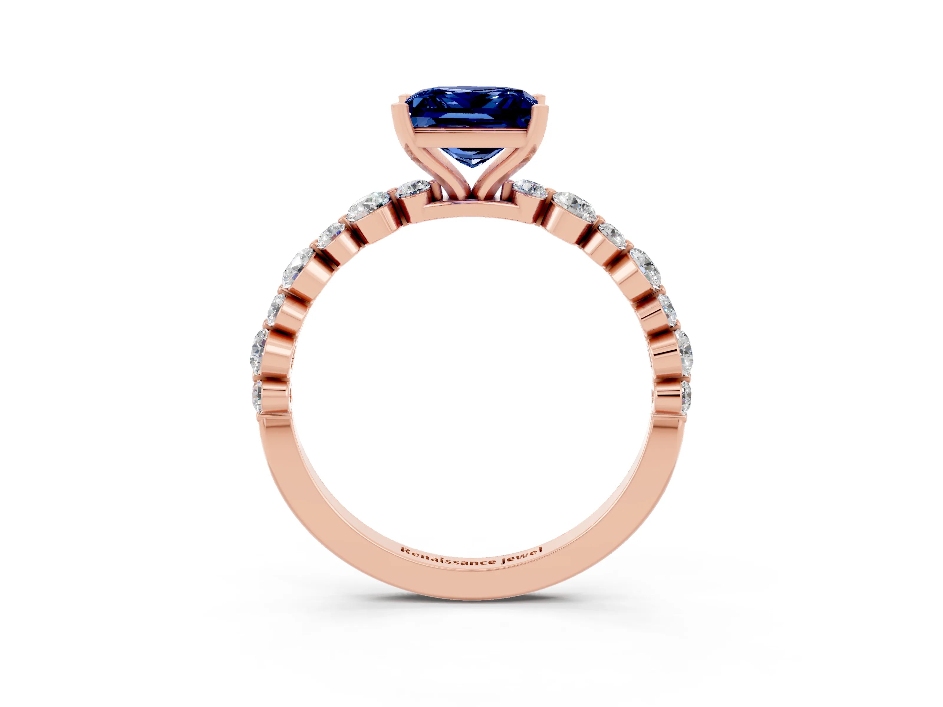 Rose gold Princess Cut Blue Sapphire Prong Set Engagement Ring with Pavé Band_3