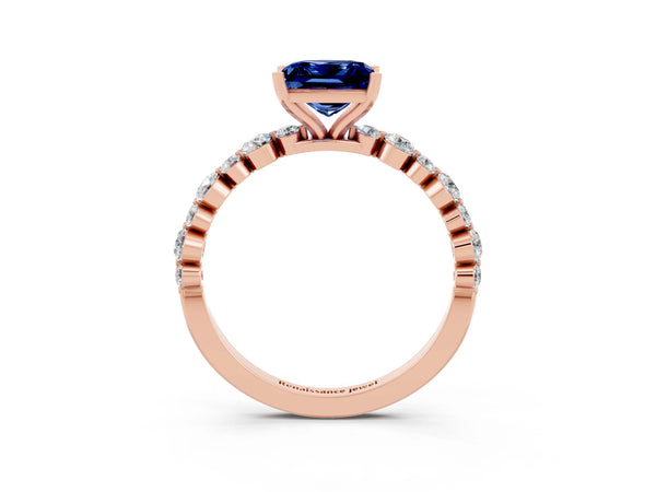 Rose gold Princess Cut Blue Sapphire Prong Set Engagement Ring with Pavé Band