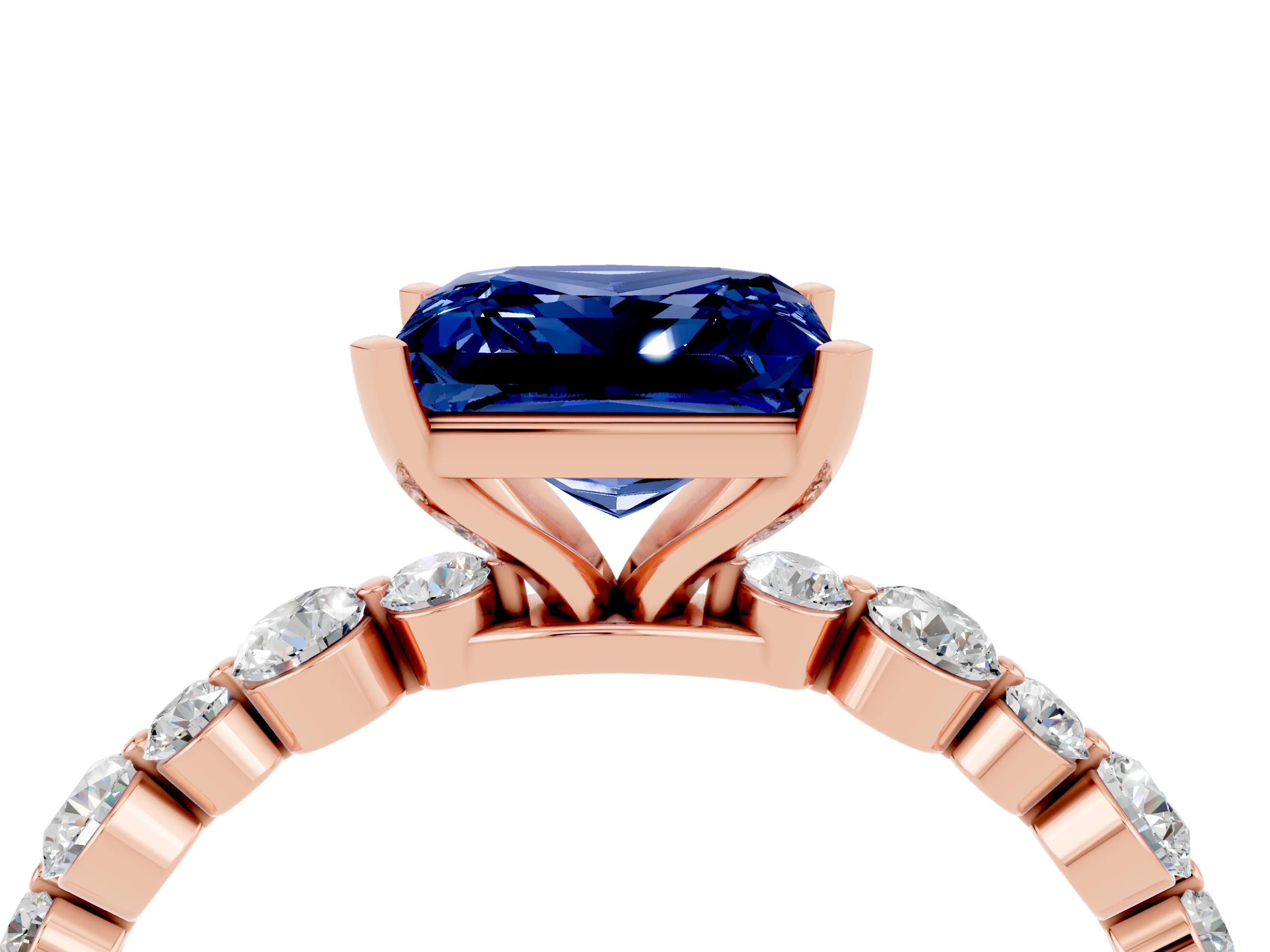 Rose gold Princess Cut Blue Sapphire Prong Set Engagement Ring with Pavé Band_4