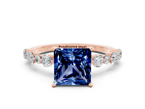 Rose gold Princess Cut Blue Sapphire Prong Set Engagement Ring with Pavé Band