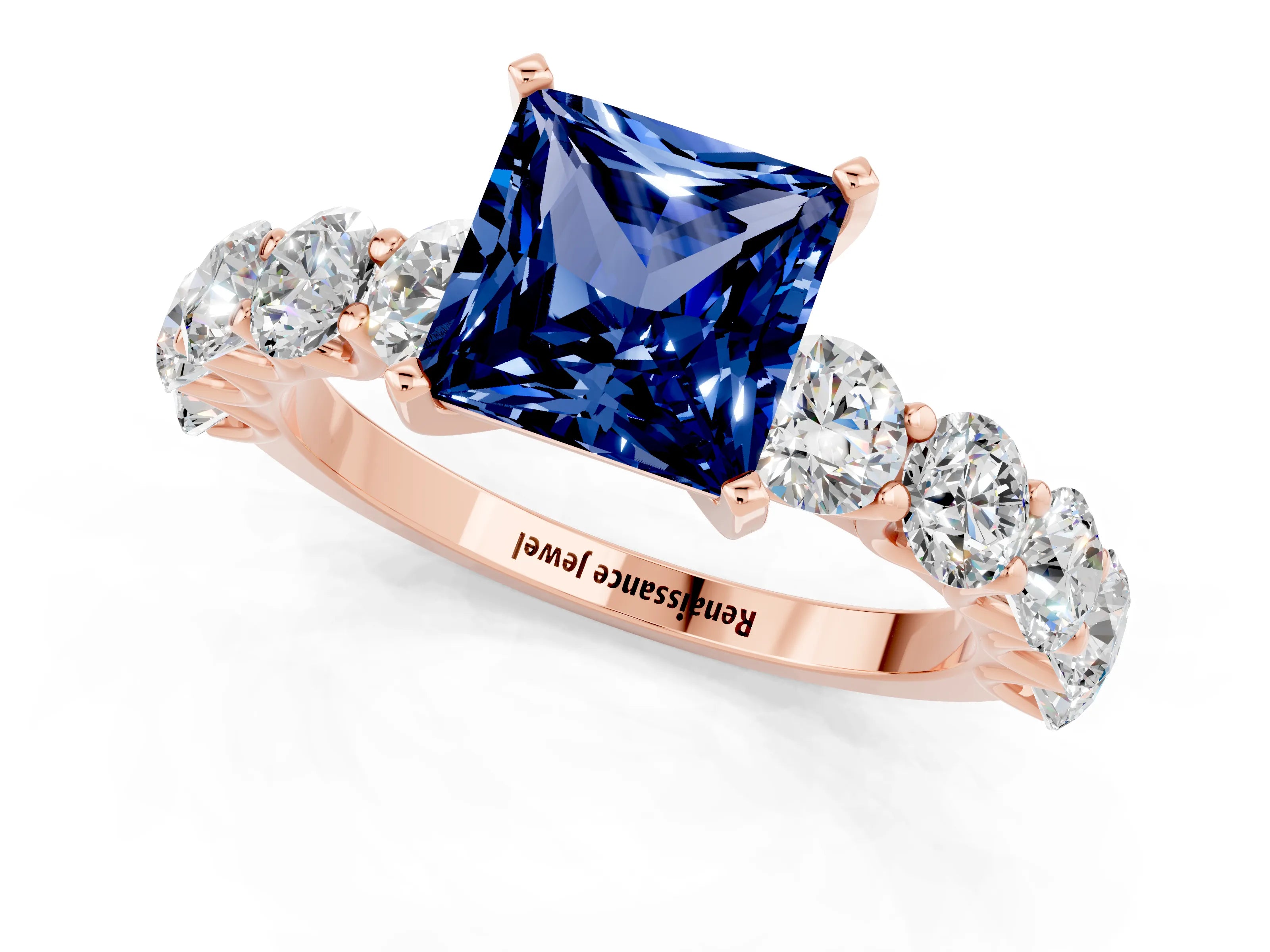 Rose gold Princess Cut Blue Sapphire Prong Setting with Side Stones on a Pave Band_1