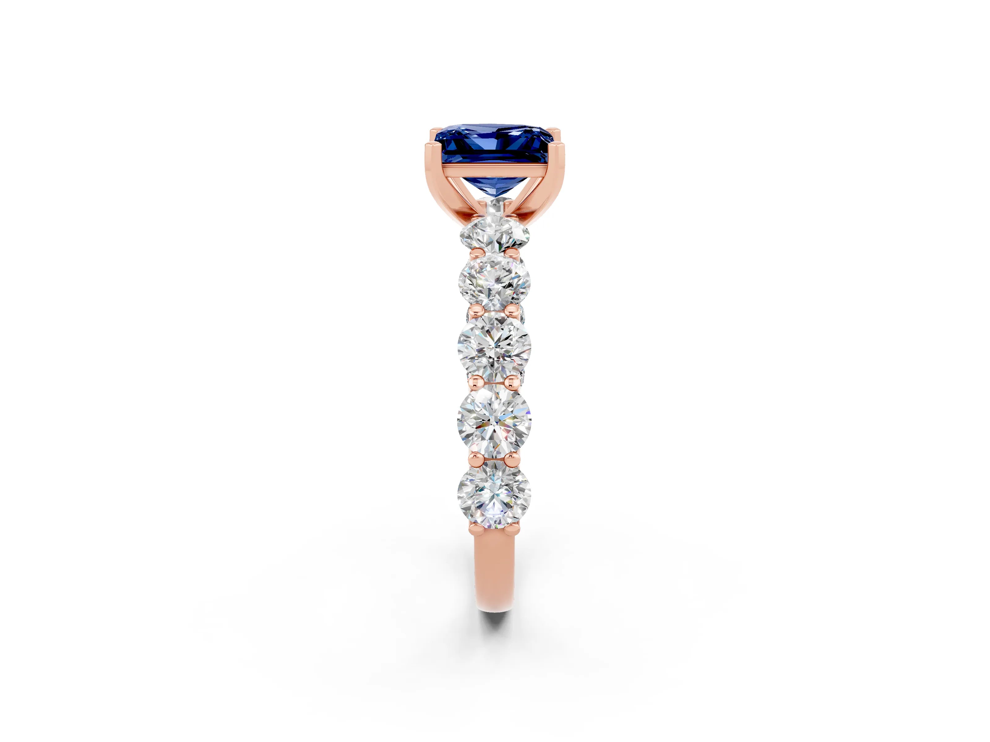 Rose gold Princess Cut Blue Sapphire Prong Setting with Side Stones on a Pave Band_2