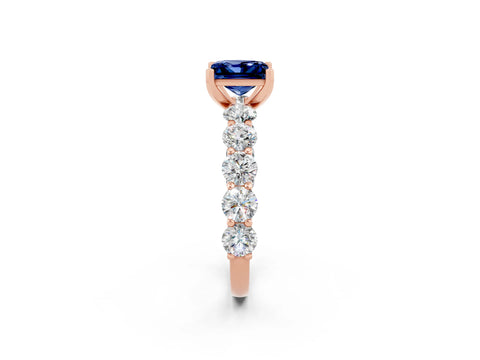 Rose gold Princess Cut Blue Sapphire Prong Setting with Side Stones on a Pave Band_2
