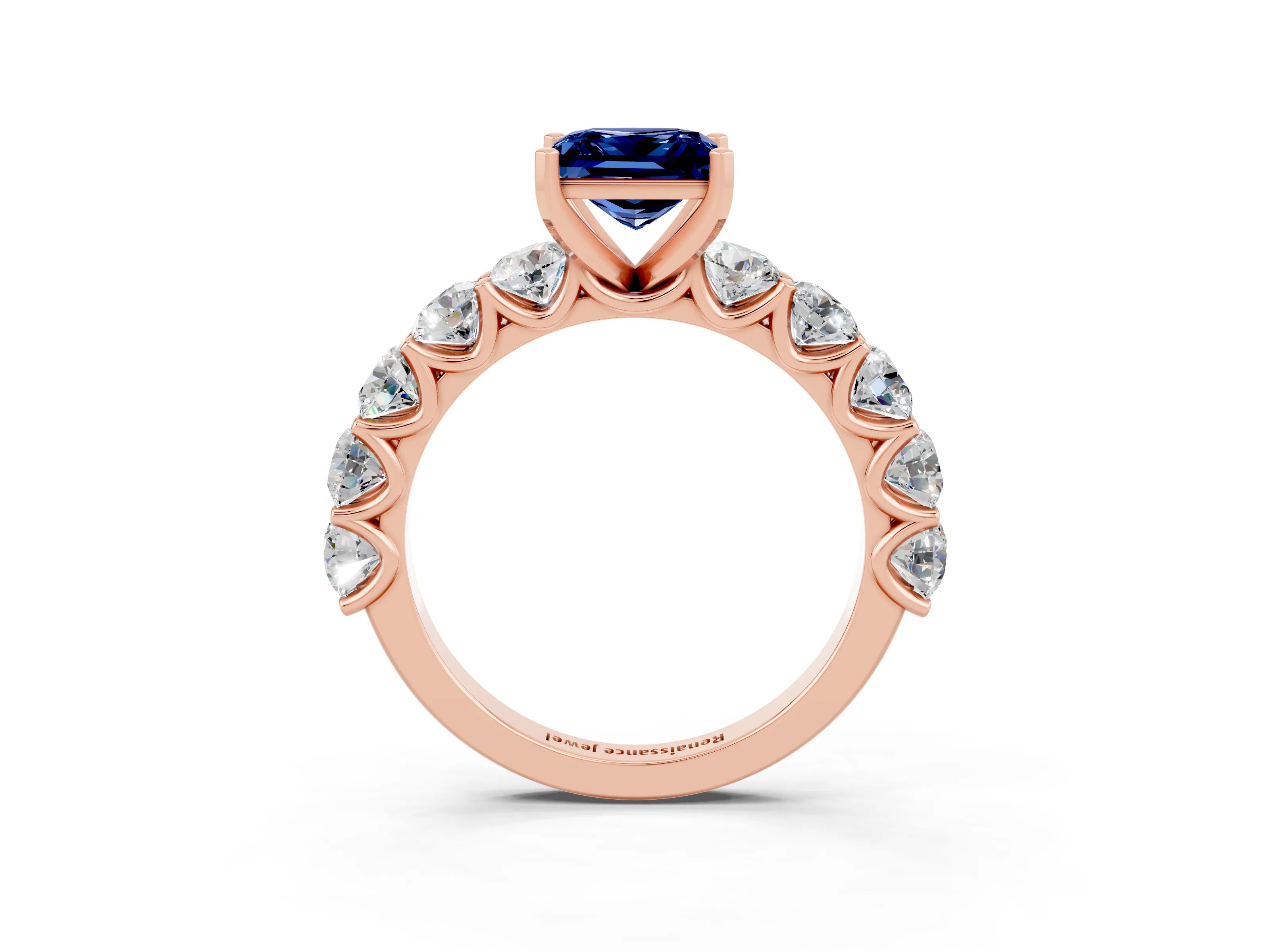 Rose gold Princess Cut Blue Sapphire Prong Setting with Side Stones on a Pave Band_3