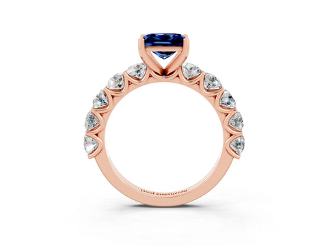 Rose gold Princess Cut Blue Sapphire Prong Setting with Side Stones on a Pave Band_3