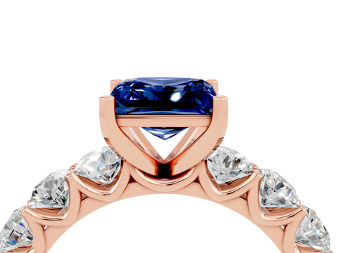 Rose gold Princess Cut Blue Sapphire Prong Setting with Side Stones on a Pave Band_4