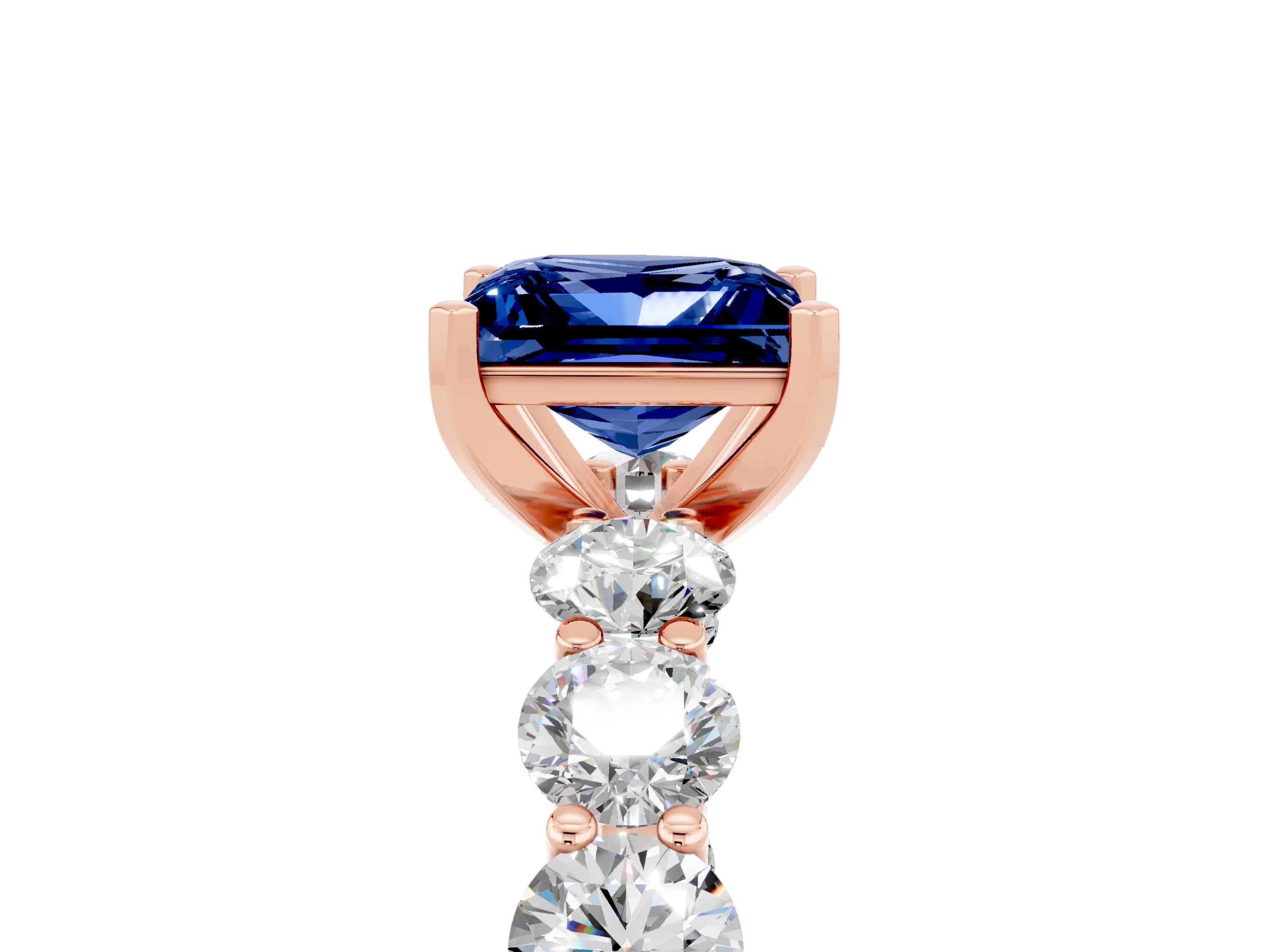 Rose gold Princess Cut Blue Sapphire Prong Setting with Side Stones on a Pave Band_5