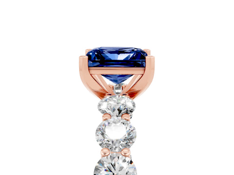 Rose gold Princess Cut Blue Sapphire Prong Setting with Side Stones on a Pave Band_5