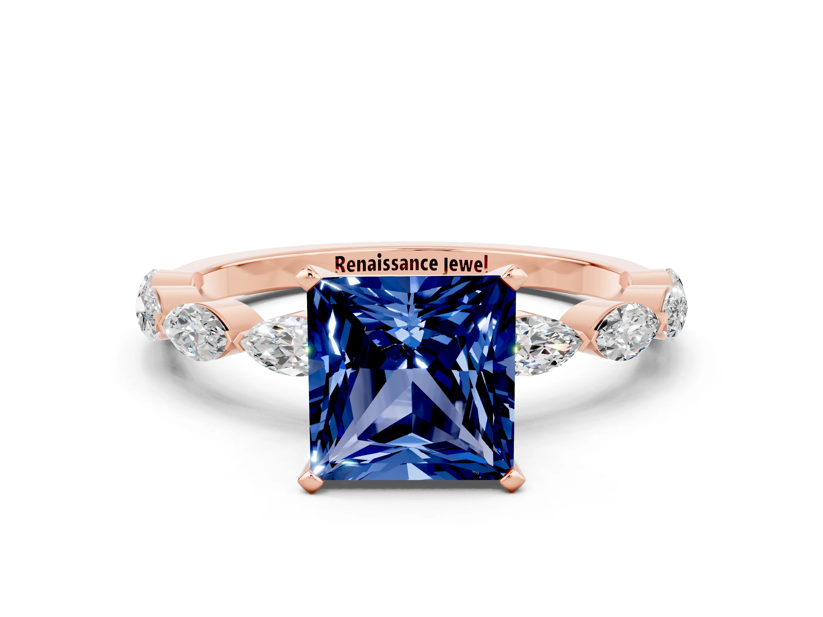 Rose gold Princess Cut Blue Sapphire Ring with Marquise Side Stones and Prong Setting