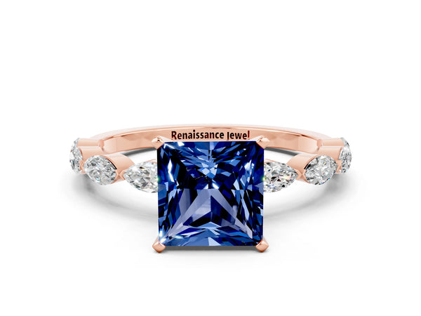 Rose gold Princess Cut Blue Sapphire Ring with Marquise Side Stones and Prong Setting
