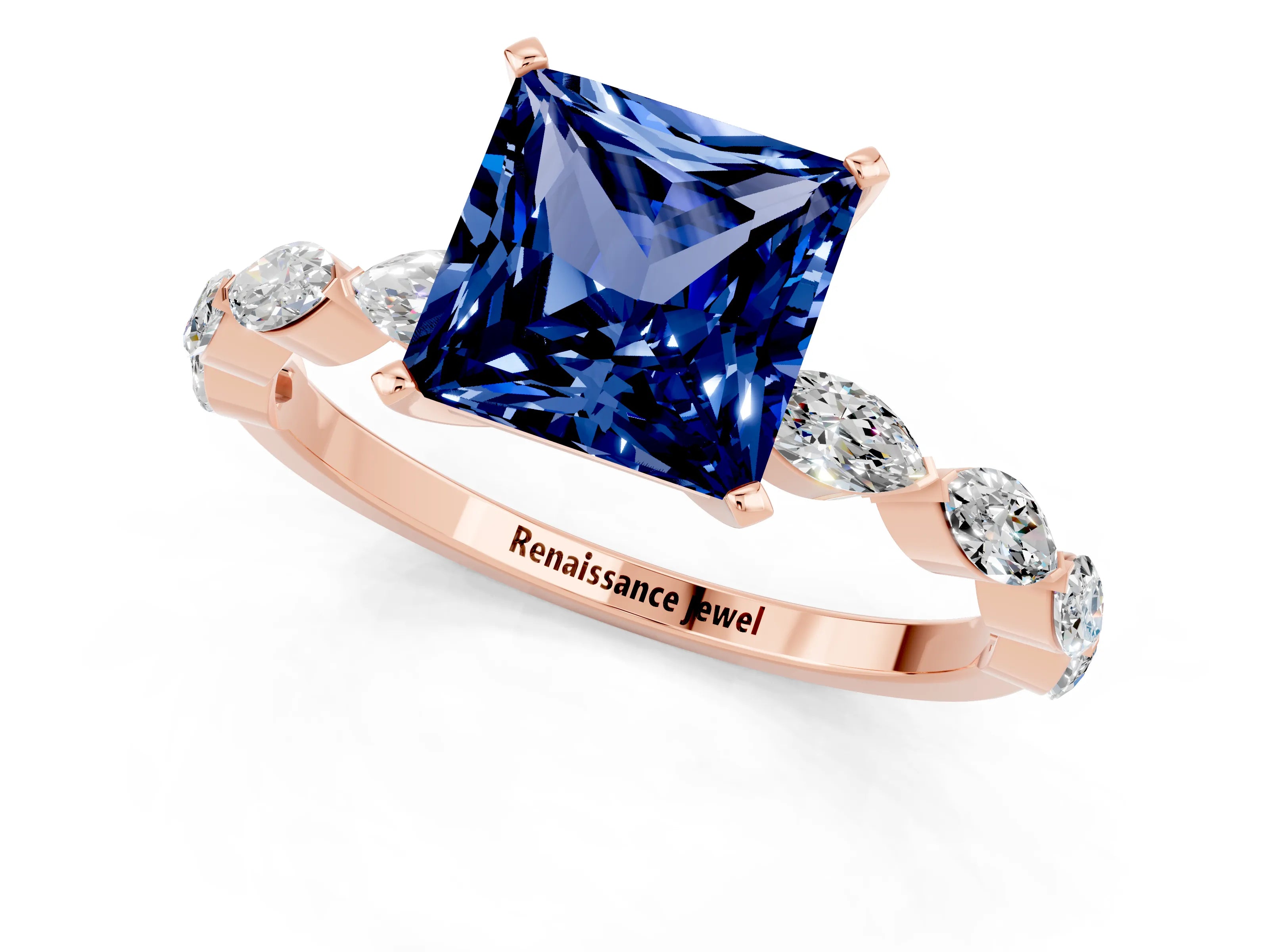 Rose gold Princess Cut Blue Sapphire Ring with Marquise Side Stones and Prong Setting_1