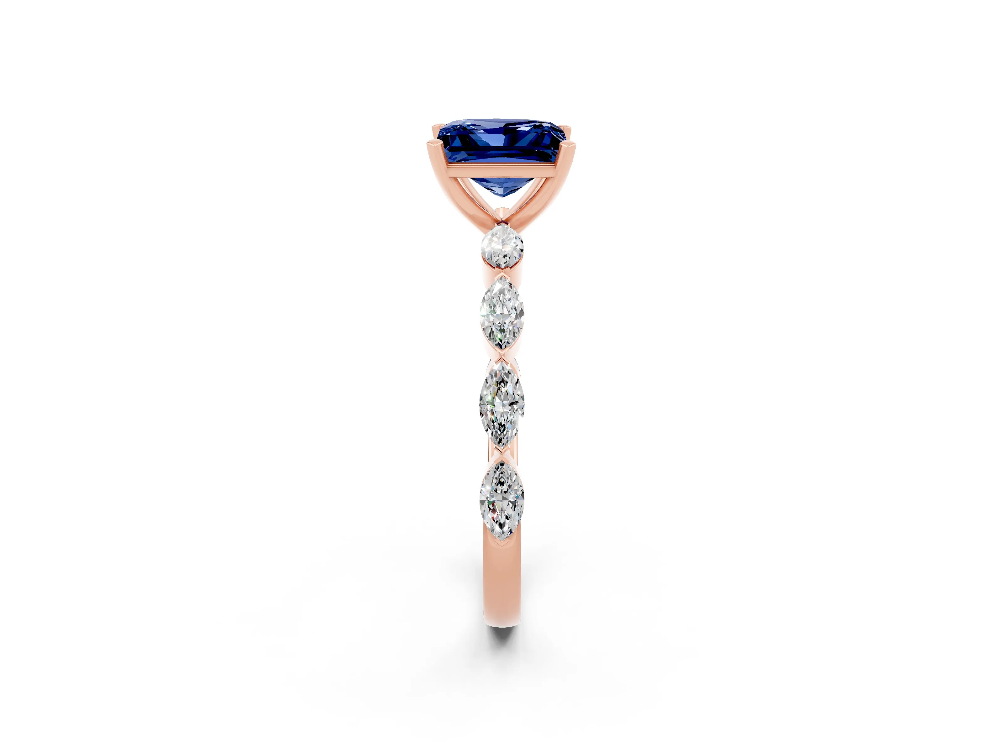 Rose gold Princess Cut Blue Sapphire Ring with Marquise Side Stones and Prong Setting_2