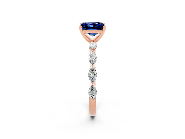 Rose gold Princess Cut Blue Sapphire Ring with Marquise Side Stones and Prong Setting
