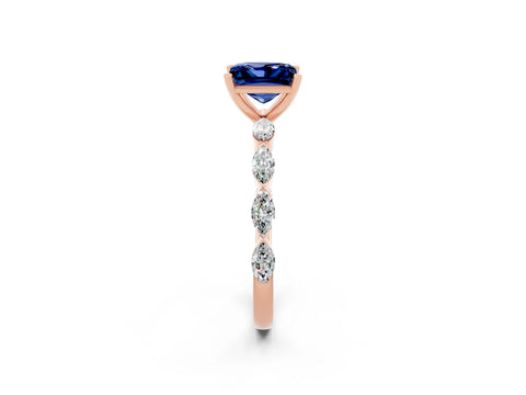 Rose gold Princess Cut Blue Sapphire Ring with Marquise Side Stones and Prong Setting_2