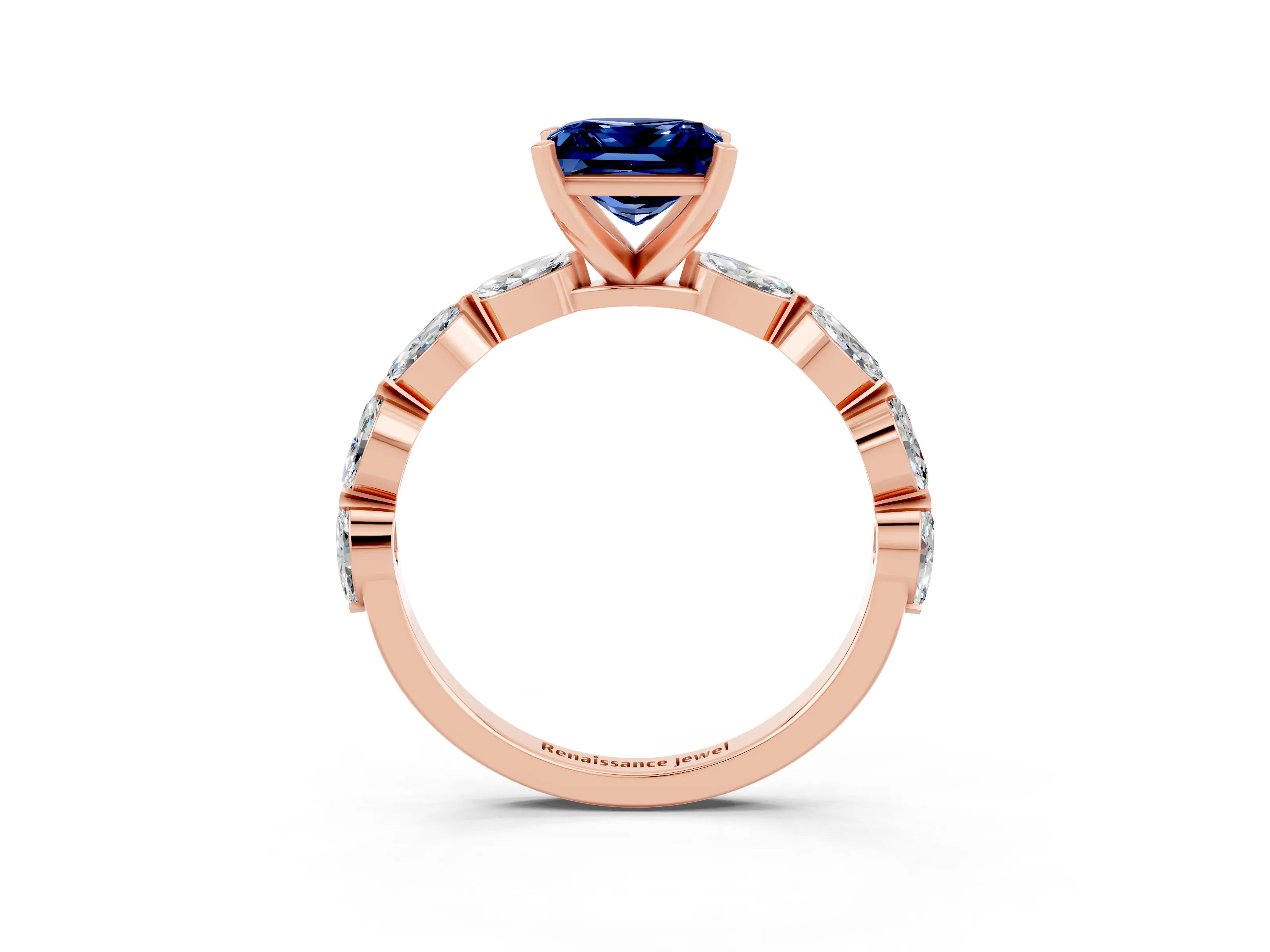 Rose gold Princess Cut Blue Sapphire Ring with Marquise Side Stones and Prong Setting_3