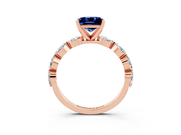 Rose gold Princess Cut Blue Sapphire Ring with Marquise Side Stones and Prong Setting
