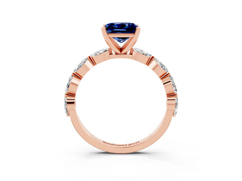 Rose gold Princess Cut Blue Sapphire Ring with Marquise Side Stones and Prong Setting_3