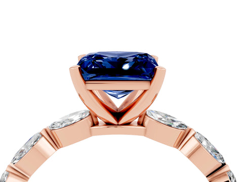 Rose gold Princess Cut Blue Sapphire Ring with Marquise Side Stones and Prong Setting_4