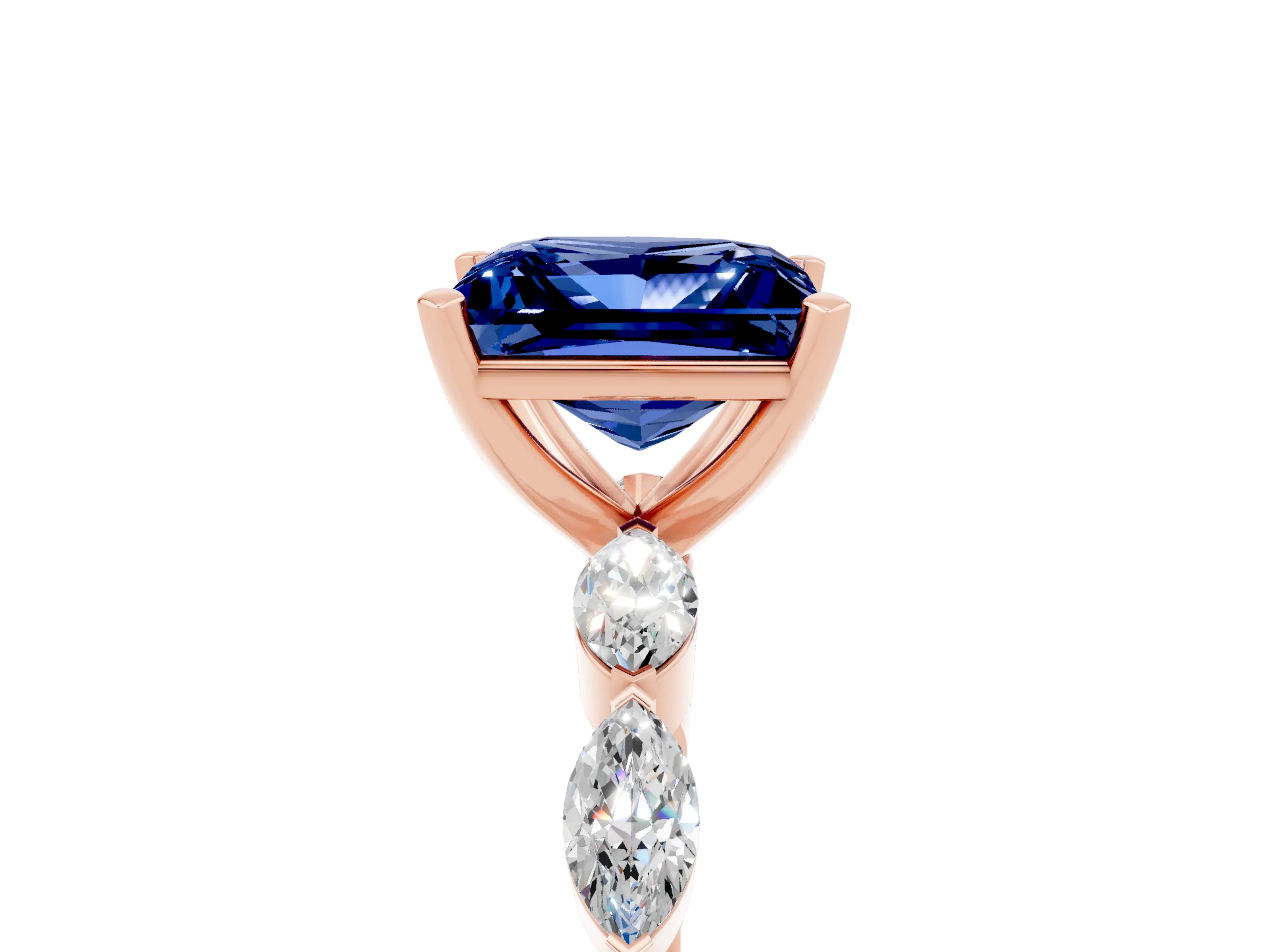 Rose gold Princess Cut Blue Sapphire Ring with Marquise Side Stones and Prong Setting_5