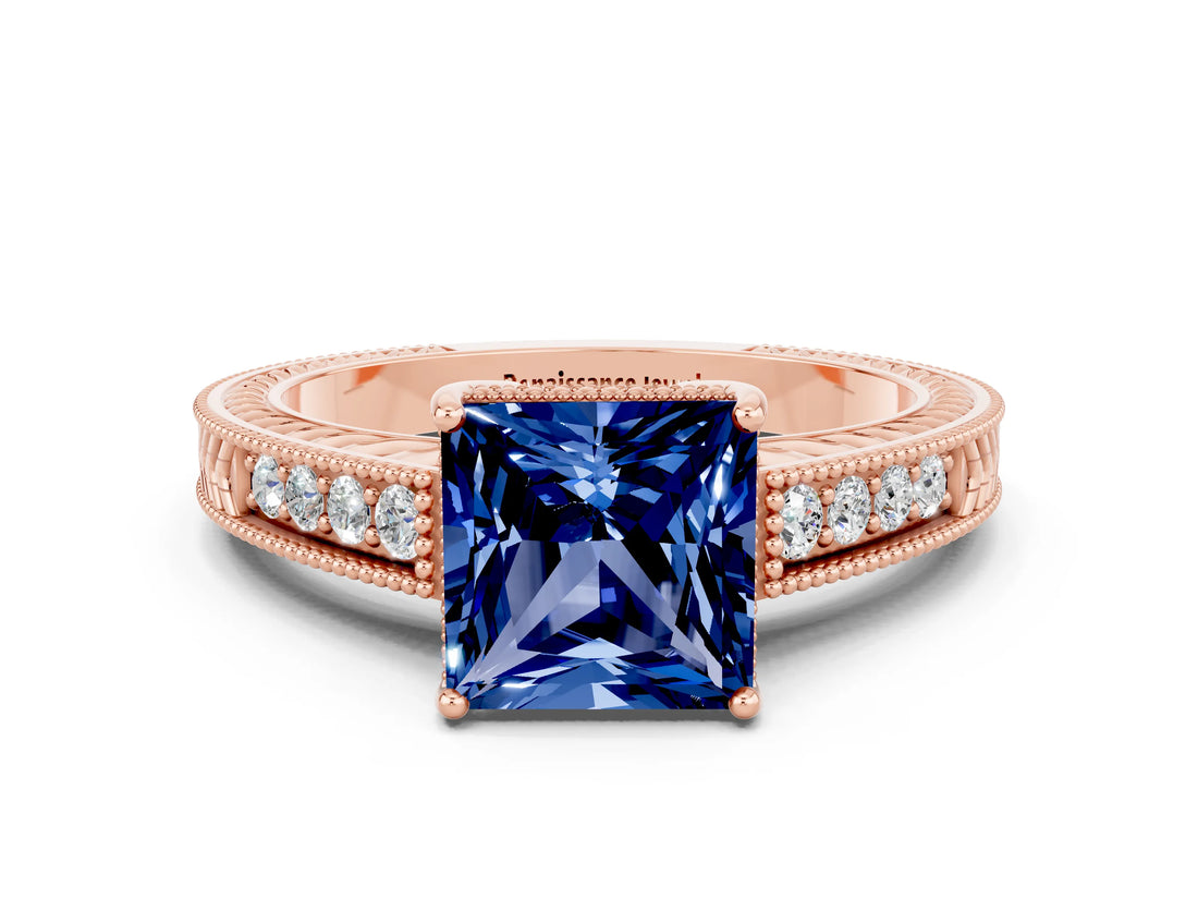 Rose gold Princess Cut Blue Sapphire Ring with Milgrain Pavé Band and Four-Prong Setting_12