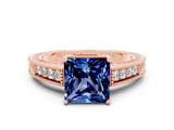 Rose gold Princess Cut Blue Sapphire Ring with Milgrain Pavé Band and Four-Prong Setting_12