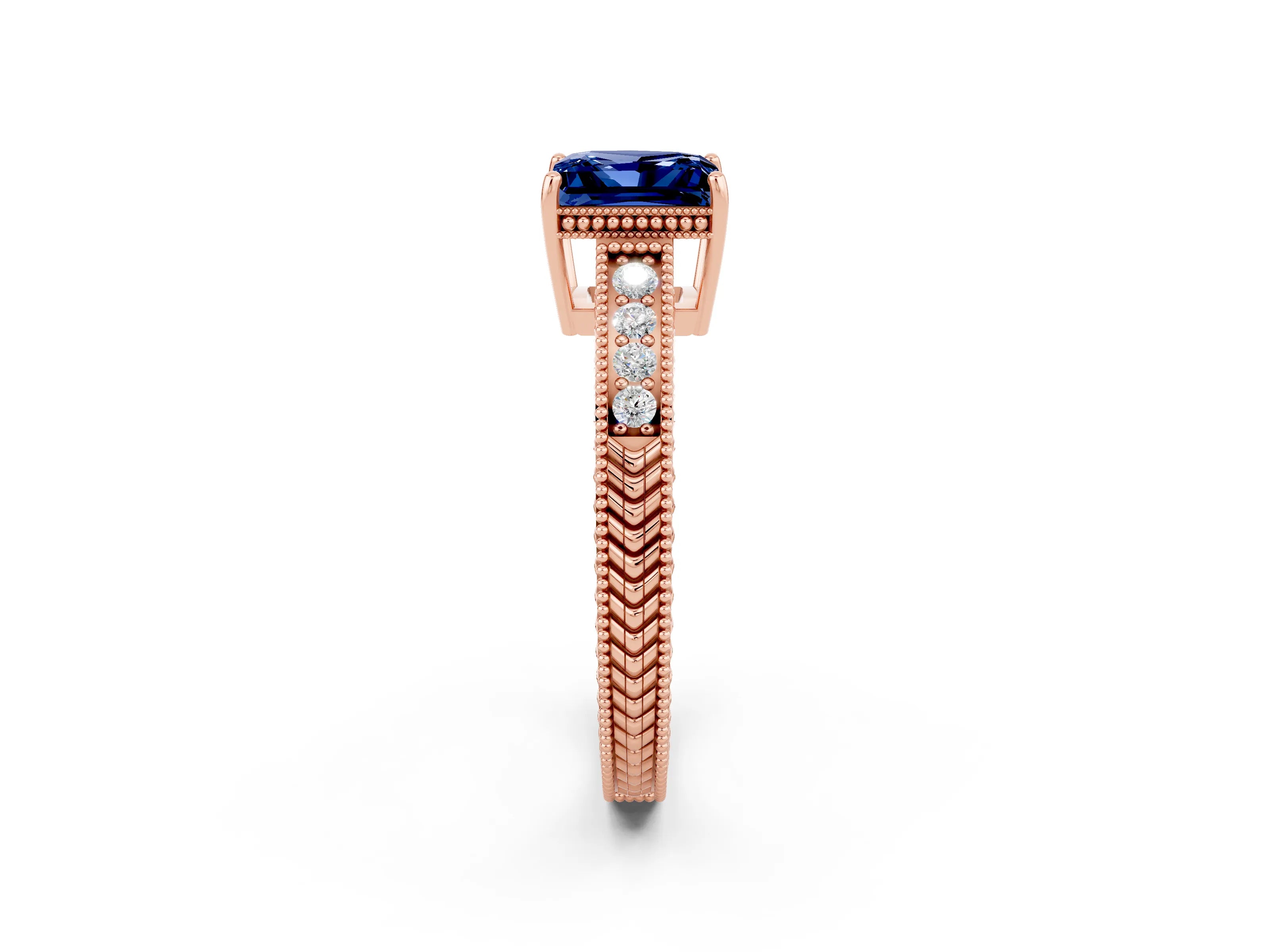 Rose gold Princess Cut Blue Sapphire Ring with Milgrain Pavé Band and Four-Prong Setting_14