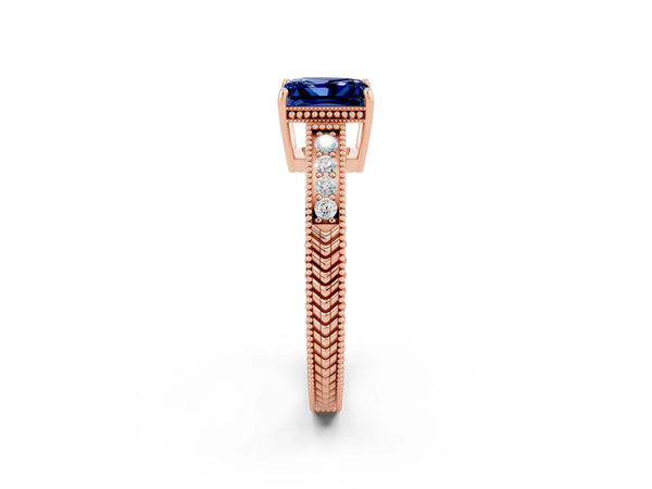 Rose gold Princess Cut Blue Sapphire Ring with Milgrain Pavé Band and Four-Prong Setting