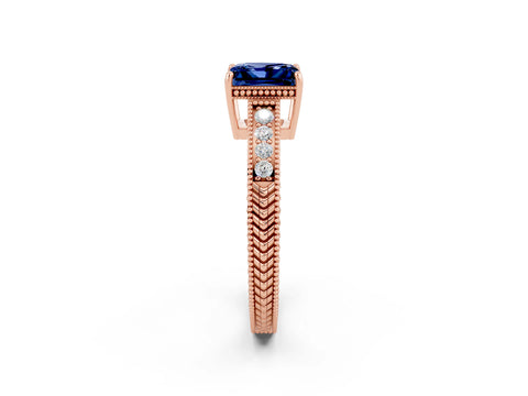 Rose gold Princess Cut Blue Sapphire Ring with Milgrain Pavé Band and Four-Prong Setting_14