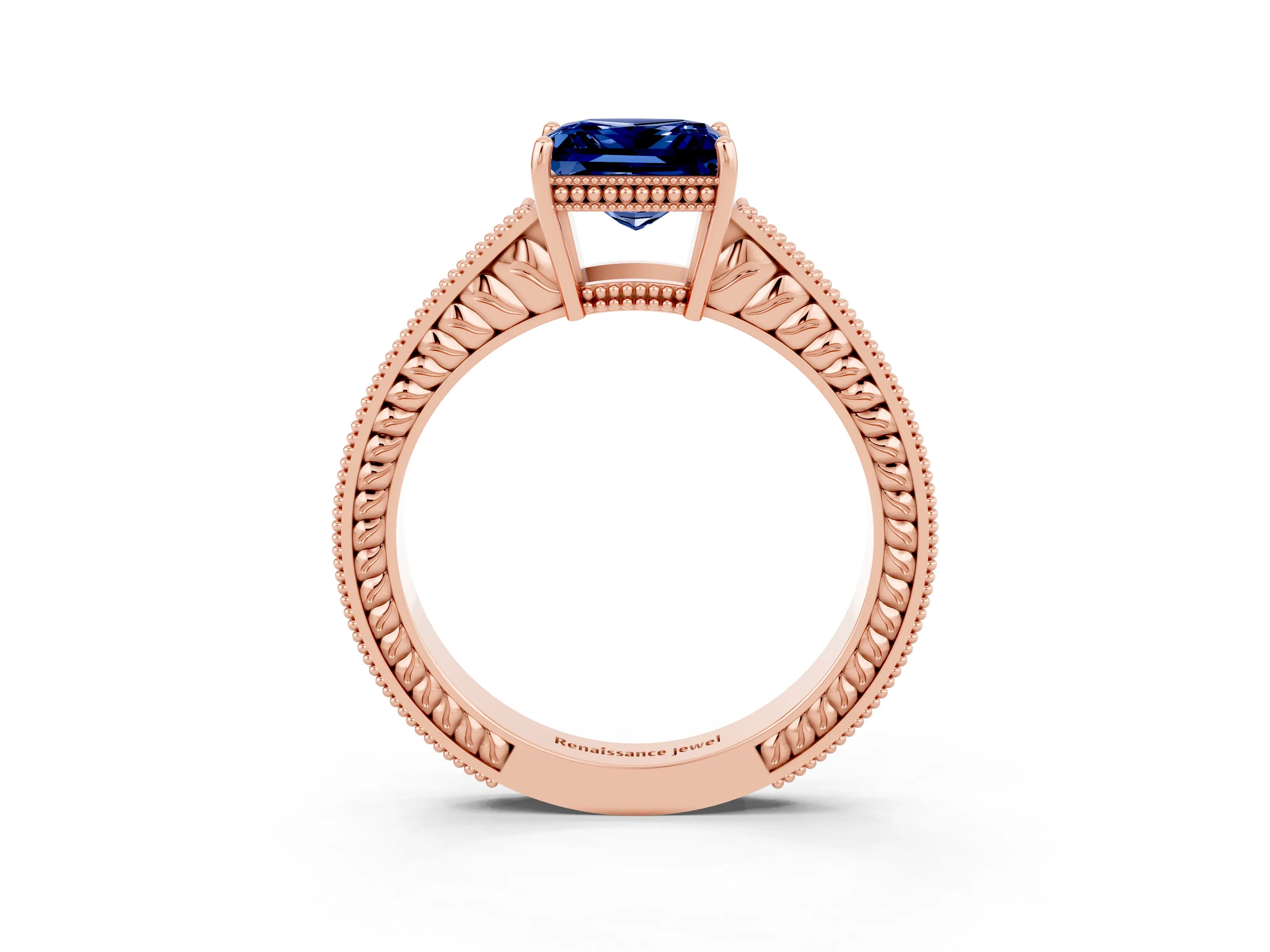 Rose gold Princess Cut Blue Sapphire Ring with Milgrain Pavé Band and Four-Prong Setting_15
