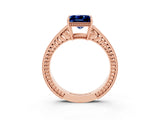 Rose gold Princess Cut Blue Sapphire Ring with Milgrain Pavé Band and Four-Prong Setting_15
