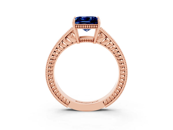 Rose gold Princess Cut Blue Sapphire Ring with Milgrain Pavé Band and Four-Prong Setting