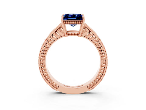 Rose gold Princess Cut Blue Sapphire Ring with Milgrain Pavé Band and Four-Prong Setting_15