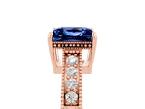 Rose gold Princess Cut Blue Sapphire Ring with Milgrain Pavé Band and Four-Prong Setting_17