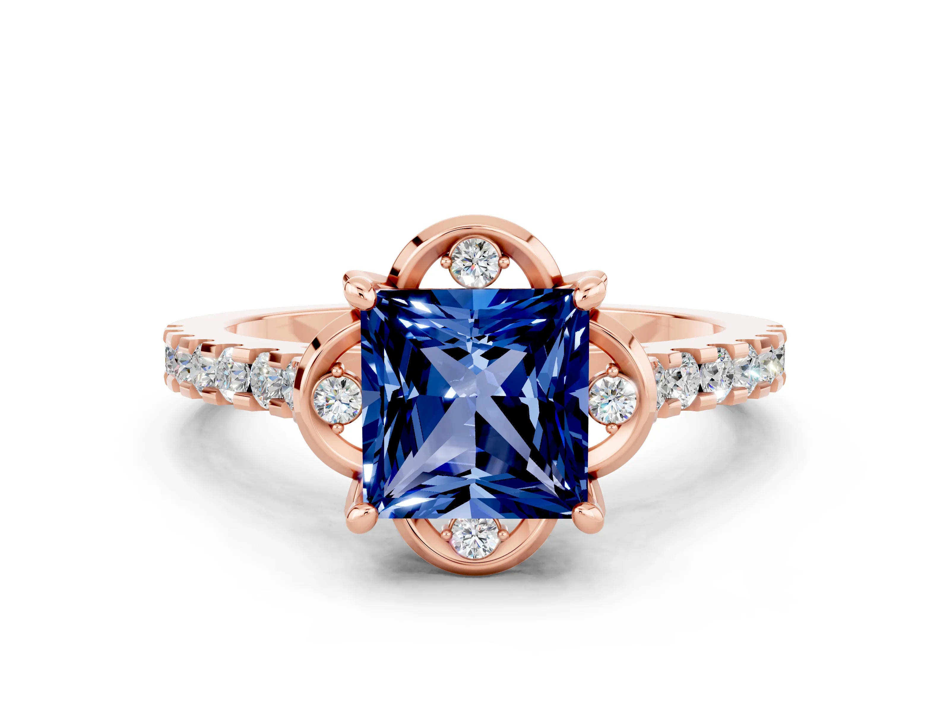 Rose gold Princess Cut Blue Sapphire Ring with Pavé Band and Floral Prong Setting