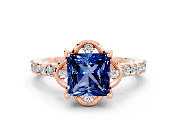 Rose gold Princess Cut Blue Sapphire Ring with Pavé Band and Floral Prong Setting