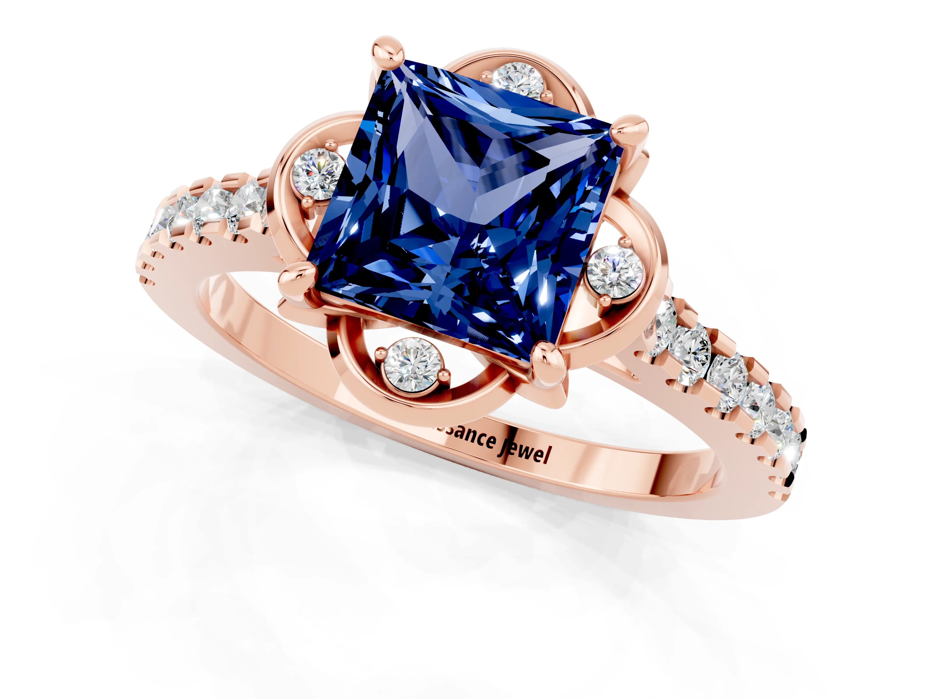 Rose gold Princess Cut Blue Sapphire Ring with Pavé Band and Floral Prong Setting_1