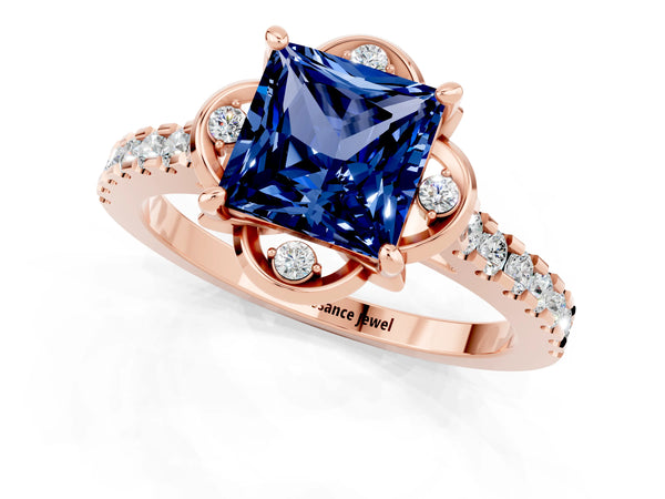Rose gold Princess Cut Blue Sapphire Ring with Pavé Band and Floral Prong Setting