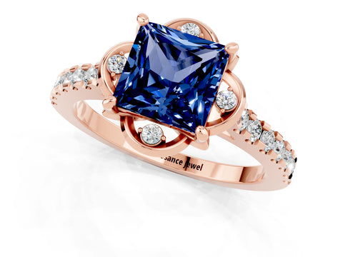 Rose gold Princess Cut Blue Sapphire Ring with Pavé Band and Floral Prong Setting_1