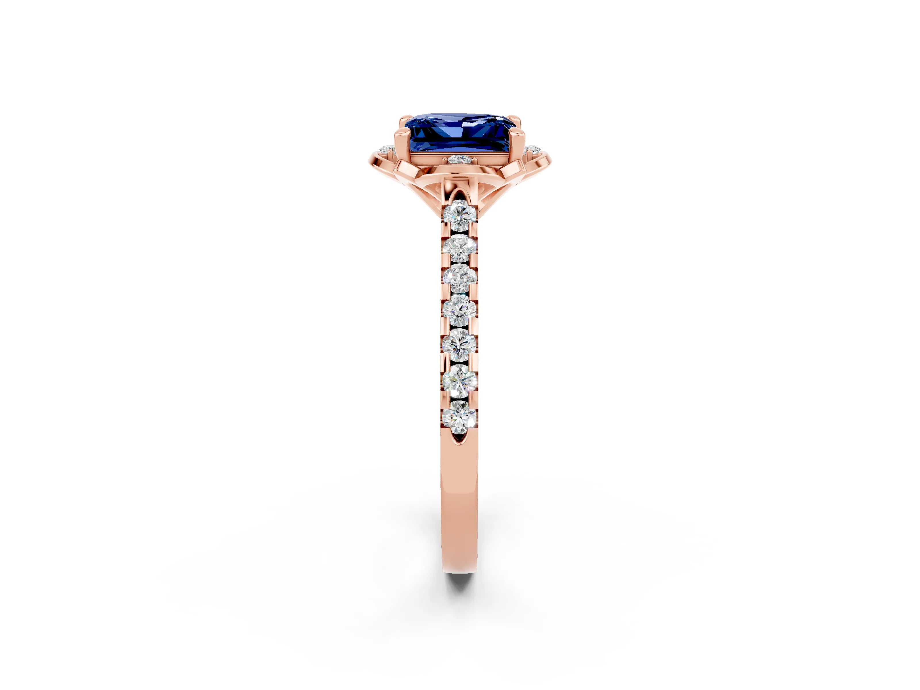 Rose gold Princess Cut Blue Sapphire Ring with Pavé Band and Floral Prong Setting_2