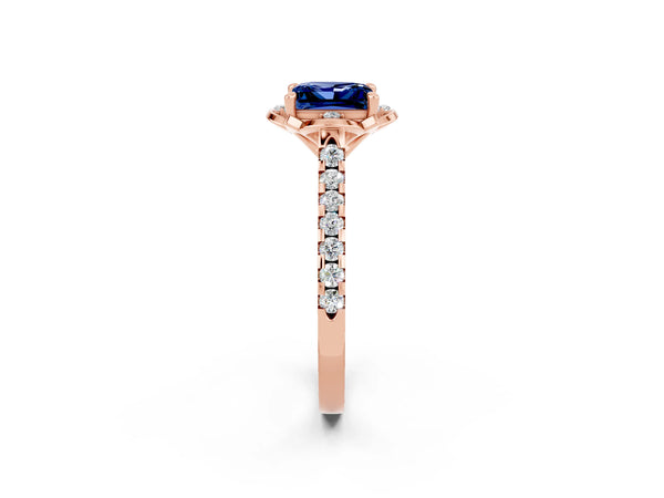 Rose gold Princess Cut Blue Sapphire Ring with Pavé Band and Floral Prong Setting