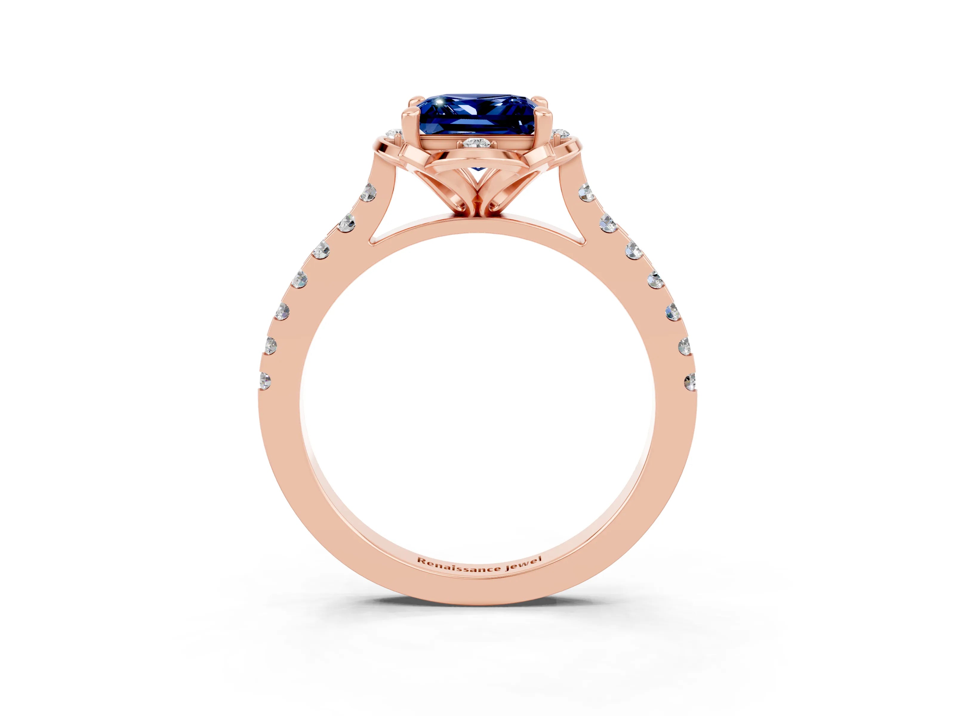 Rose gold Princess Cut Blue Sapphire Ring with Pavé Band and Floral Prong Setting_3