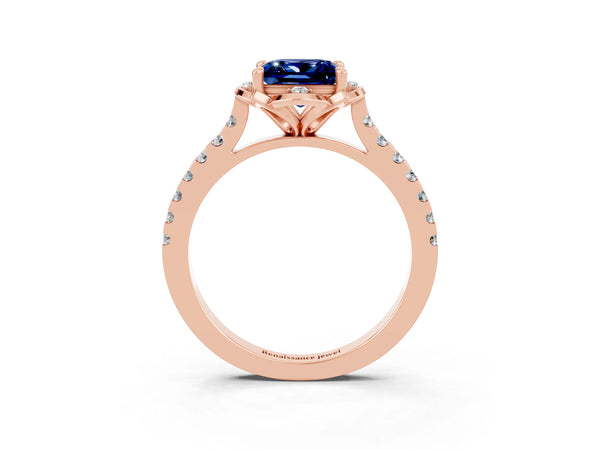 Rose gold Princess Cut Blue Sapphire Ring with Pavé Band and Floral Prong Setting